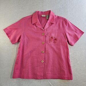 White Stag Button Up Top Small 4/6 Pink Linen Blend Embroidery Butterfly New